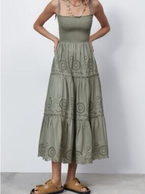Zara Sage Green Smocked Eyelet Midi Dress Tie Straps Boho